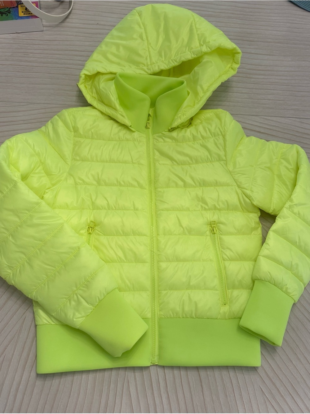 Zara Neon Lime Hooded Puffer Jacket Packable Small